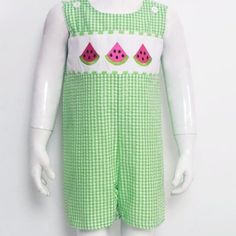 Brand New In Package Cotton/Spandex Cute Bib Front Jumpsuits And Rompers For Summer, Cute Summer Jumpsuits And Rompers With Bib Front, Sleeveless Green Cotton Onesie, Playful Gingham Bubble Romper For Spring, Green Playful Bubble Romper For Playwear, Cute Bib Front Overalls For Summer, Cute Green Bubble Romper For The Beach, Pink Summer Jumpsuits And Rompers For Playtime, Cute Green Bubble Romper For Beach