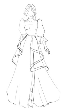 a line drawing of a woman in a long dress with her hands on her hips