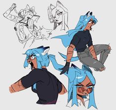 three different poses of an anime character with blue hair and glasses, one in the process of