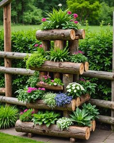 a wooden planter filled with lots of flowers