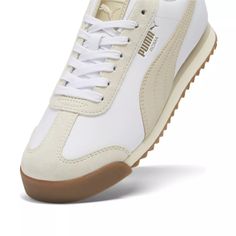 PUMA Roma Basic "White/Beige" Women's Shoe White Sporty Sneakers With Gum Sole, White Lace-up Running Shoes With Rubber Waffle Outsoles, White Athleisure Sneakers With Rubber Waffle Outsoles, White Sports Sneakers With Gum Sole, White Athleisure Running Shoes With Rubber Sole, White Running Shoes With Rubber Sole For Athleisure, White Running Shoes With Rubber Waffle Outsoles For Sports, White Gum Sole Sneakers For Sports, Cream Low-top Sneakers For Jogging