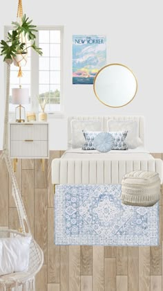 a bedroom with white walls and wood floors is shown in this artist's rendering