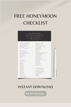 the free printable honeymoon checklist is shown in black and white, with a pen on