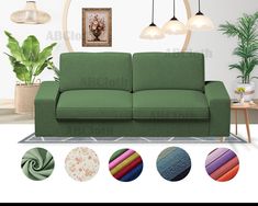 a green couch sitting in front of a white wall next to potted plants and rugs