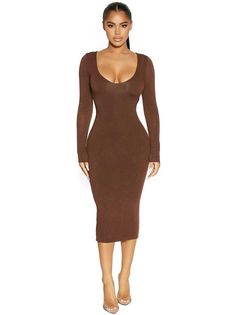 CHOCOLATE|2 Classic Midi Dress, V Dress, Deep V Dress, Naked Wardrobe, V Neck Midi Dress, Women's Shapewear, Womens Midi Dresses, V Neck Dress, Dress Codes