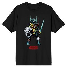 Attend your next game night in both comfort and style with this men's black graphic t-shirt! The warduke tee features a big, colorful graphic that has been professionally printed to ensure long-lasting print quality. The Dungeons & Dragons fan apparel tee shirt is an apt black, with short sleeves for comfort and style in any weather. This popular RPG game apparel is made of 100% preshrunk cotton jersey. It can be machine washed in cold water with like colors, then tumble dried for easy care. As Dungeons Dragons, Black Graphic Tees, Sleeve Packaging, Big Clothes, Game Night, Big And Tall, Black Media, Night In, Workout Shorts