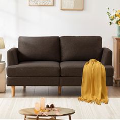 a living room scene with focus on the sofa