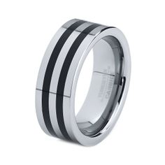 men's wedding band with black and white stripes on the outside, in stainless steel