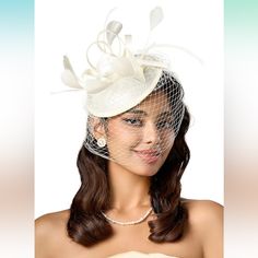 New Flowers Feather Kentucky Derby Hat White Fascinator Headpiece With Box Hat Veil, White Fascinator, Wedding Tea Party, Derby Hats Fascinators, Feather Headpiece, Bridal Headwear, Hat Fascinator, Wedding Bridal Veils, Diamond Face Shape