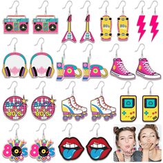 PRICES MAY VARY. 【80s Earring Set】Attention：The unprinted side of the earring is covered with a protective film that can be removed before wearing. You will receive 12 pairs of 80s vintage neon earrings, containing 12 different styles, which are cute accessories for 80s parties, in sufficient quantity and style to meet your daily needs to wear, change and share. Retro fashion design will make you stand out. 【Unique design】These exquisite vintage neon earrings will be your beauty whether you wear Retro Dangle Earrings, Retro Dangle Jewelry, Retro Pink Jewelry For Summer, 1980s Accessories, 80s Style Outfits, Neon Earrings, Accessories Drawing, 80s Accessories, 80s Gift