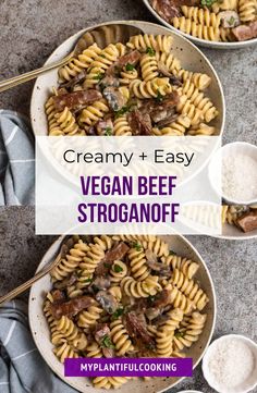 creamy and easy vegan beef stroganoni recipe in two bowls with spoons