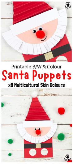 paper plate santa puppets with text overlay that says printable bw and color