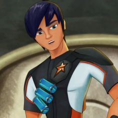 an animated image of a young man with blue hair wearing a uniform and holding his hands on his hips