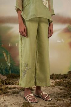 Shop for FEBo6 Green Silk Organza Top And Pant Set for Women Online at Aza Fashions Spring Cotton Palazzo Set With Mirror Work, Spring Designer Wear Sets In Pista Green, Embroidered Green Summer Sets, Summer Embroidered Green Sets, Pista Green Floral Embroidery Palazzo Set For Spring, Pista Green Floral Embroidered Palazzo Set For Spring, Pista Green Palazzo Set With Floral Embroidery For Spring, Green Floral Embroidered Sets For Spring, Fitted Green Pant Set With Resham Embroidery