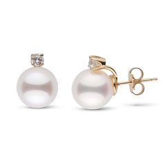 These exquisite earrings feature two perfectly round, white Akoya pearls mounted on 14-karat gold posts with two sparkling, brilliant round-cut, prong-set diamonds. This elegant set of AAA quality, 9.0-9.5 mm pearls has brilliant luster, a mirror-like reflection, and a perfectly smooth surface. The G-VS1 quality diamonds have a total weight of 0.20 carats. Vs1 Diamond, Elegant Sets, Diamond Stud Earrings, Pearl Types, Akoya Pearls, Pearl Diamond, Diamond Stud, Pricing Jewelry, Quality Diamonds