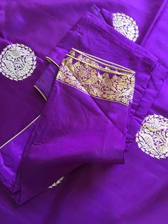 This is a beautiful handloom katan silk light weight banarasi in deep purple/ egg plant shade with beautiful sona rupa bird motifs in body and floral and bird motifs in gold zari in pallu, all in kadua weave. Saree comes with a stitched blouse in standard size 36-38. Saree is finished with tassels and falls and pico are done.  *colour may vary slightly due to lighting and individual device settings. *Falls and Pico- Yes * Tassels-Yes *Blouse-yes, standard size 36 with margin for size 38 * All sales are final * Dry clean only * Handloom products may have some irregularities Elegant Purple Kurta With Pallu, Traditional Drape Purple Kurta With Cutdana, Purple Art Silk Kurta With Dupatta, Purple Art Silk Kurta With Zari Work, Purple Chanderi Sets For Festivals, Purple Bollywood Kurta With Cutdana, Purple Bollywood Style Kurta With Cutdana, Bollywood Style Purple Kurta With Cutdana, Silk Purple Sets For Diwali