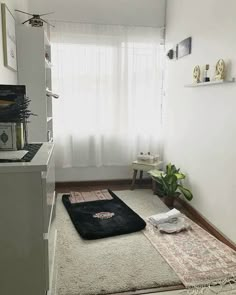 a living room with a rug on the floor