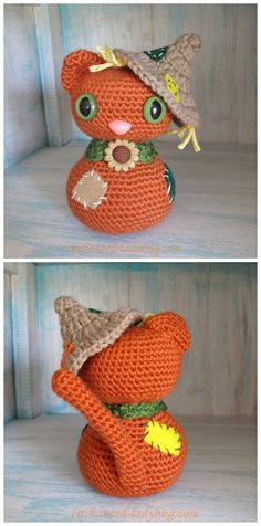 crocheted orange cat with hat and flowers on it's head