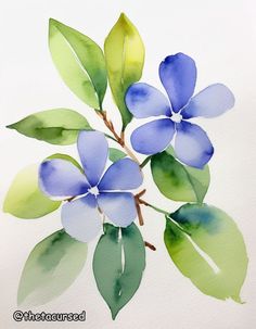 a painting of blue flowers with green leaves