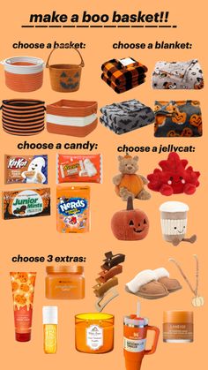 an orange background with many different items on it and the words make abo basket choose a candy choose a candy choose a candy choose a candy choose a flavor