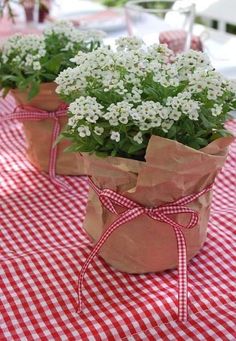 some white flowers are in brown paper bags on a red and white checkered tablecloth