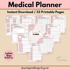 the printable medical planner is shown in pink and white with floral designs on it