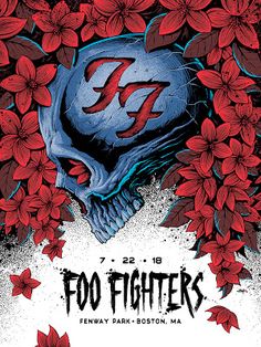 a poster for foo fighters featuring a skull surrounded by red flowers and the words foo fighters