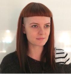 Hair done by Thea! #red #shaved #fringe #multicolour #thekliniksalon #redken #loreal Undercut Bangs, Red Hair With Bangs, V Bangs, Side Cut Hairstyles, Shave Her Head, Dramatic Hair, Red Hair Don't Care, Extreme Hair