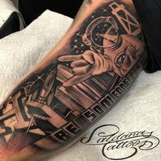 a man's arm with a clock on it and some words in the background