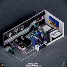 an aerial view of a bedroom and living room in a futuristic style with neon lighting