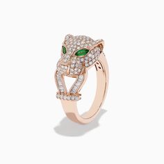 Effy Signature 14K Rose Gold Emerald and Diamond Panther Ring Fine Jewelry Rose Gold Ring With 17 Jewels, Rose Colored Fine Jewelry Rings For Formal Occasions, Fine Jewelry In 14k Rose Gold, Panther Ring, Rose Stone, Effy Jewelry, Gold Rose, Panther, Gold Metal