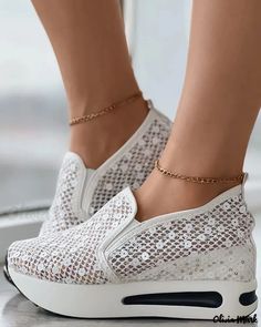 Olivia Mark - Sequin Lace Muffin Slip-On Sneakers Summer Slip-on Synthetic Platform Sneakers, Summer Slip-on Platform Sneakers, White Slip-on Sneakers With Perforations For Spring, Chic Type, Cami Set, Lace Slip, Round Toe Heels, Bodycon Fashion, Knit Set