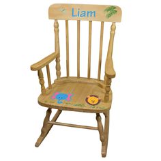 Hand Painted Natural Wood Spindle Rocker Espresso Wood Stain, Pink Tractor, Baby Rocking Chair, Kids Rocking Chair, Childrens Rocking Chairs, Pink Ladybug, Wood Rocking Chair, Red Tractor, Baby Gift Basket