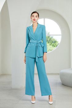 Blue Elegant Simple Wide Leg Belted Pants Suit Peak lapels; front button blazer V-Neck, Long sleeves; button cuffs. Structured shoulders. Chest welt pockets. Hip flap pockets Polyester lining Imported Item # 203186C1+203186P2 Luxury Blue Full Length Wide Leg Pants, Luxury Blue Pantsuit With Suit Collar, Graduation Outfits, Leg Belt, Belted Pants, Pants Suit, Pant Suit, Graduation Outfit, Blue Pants