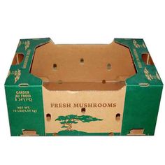 a cardboard box with the lid open to show fresh mushrooms in it's packaging