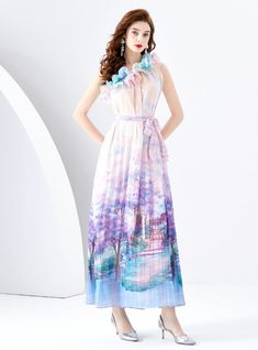 Bathed in a dreamscape of watercolor hues, this maxi dress captures the essence of an impressionist painting brought to life. The garment is a symphony of soft pastels blending into each other, reminiscent of a serene morning sky reflecting off a calm sea. Adorned with an array of delicate ruffles around the halter neckline, it evokes a sense of ethereal charm. The tie-waist detail gracefully cinches, giving structure to the flowing fabric that cascades down to a full-length hem, promising to sw Dreamy Dress For Summer Garden Party, Dreamy Summer Dress For Garden Party, Dreamy Dresses For Summer Garden Party, Artistic Floral Print Spring Dresses, Artistic Spring Floral Print Dresses, Artistic Multicolor Dresses For Spring, Elegant Pastel Dress For Summer, Elegant Pastel Summer Dress, Calm Sea