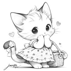 a drawing of a cat in a dress holding a basket and looking at the camera