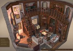 an overhead view of a living room and dining area in a medieval style house with stairs leading up to the second floor