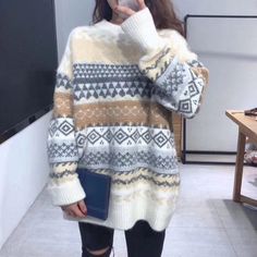 Sweater Streetwear, Geometric Sweater, Casual Knitwear, Pullover Mode, Loose Pullover, Round Neck Sweaters, Winter Mode, Streetwear Y2k, Knitting Women Sweater