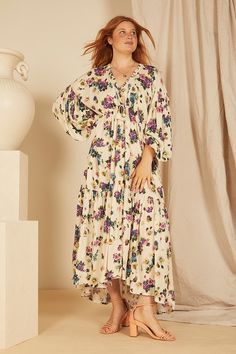 Billow Sleeve Maxi Dress in Ditsy Gardens Super Bloom, Steam Press, Dress Bohemian, Sleeve Maxi Dress, Vintage Market, Maxi Dress With Sleeves, Trim Detail, High Low Hem, Empire Waist