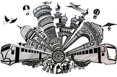 a black and white drawing of a train with many different things in the sky above it