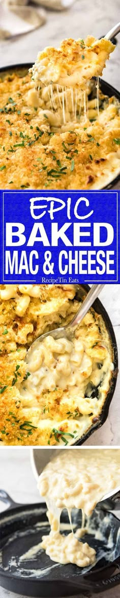 baked macaroni and cheese being lifted from the casserole dish