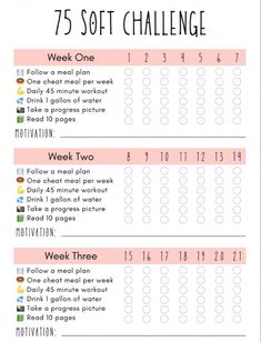 a printable workout schedule with the words 75 soft challenge on it and an image of a