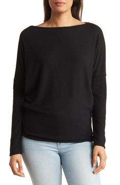 Go casual in this boatneck sweater crafted from a soft stretch knit for easy-wear comfort. Boatneck Long dolman sleeves Knit construction 47% rayon, 47% polyester, 6% spandex Machine wash, dry flat Made in the USA of imported materials Model stats: 5'10" height, 32" bust, 25" waist, 36" hip. Model is wearing size S. Dolman Sweater, 2024 Outfits, Boatneck Sweater, Dolman Sleeve, Easy Wear, Black Print, Boat Neck, Shirt Blouses, Top Blouse