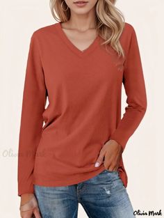 Olivia Mark - Solid Color Loose-Fit Long Sleeve Shirt - Fashionable Wardrobe Staple Plain V-neck Top For Fall, Orange Long Sleeve Solid Color Top, Orange Stretch V-neck Top, Stretch Orange V-neck Top, Orange Tops For Fall, Orange Top For Fall, Orange Solid Color Tops For Fall, Orange Long Sleeve Top, Round Neckline Dress