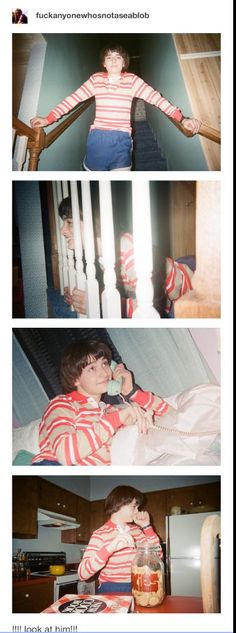 two pictures of a person on the phone and another photo of a man in striped shirt