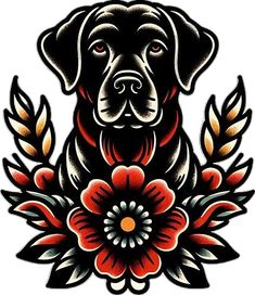 a black dog with red flowers and leaves