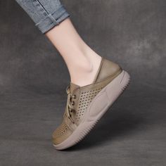 Step into a world of fashion-forward comfort with our Women's Leather Hollow Lace Up Sports Wind Casual Shoes. Designed to seamlessly blend style and functionality, these shoes are the perfect addition to your daily life, offering unmatched breathability and comfort. pattern: plain Insole material: first layer pigskin Applicable scene: daily life Toe shape: round head Color: khaki, beige Upper height: low top Upper material: first layer of cowhide (except cow suede) Heel height: middle heel (3-5 Casual Lace-up Shoes With Removable Insole, Casual Flat Lace-up Shoes With Perforated Toe Box, Casual Leather Slip-on Sneakers For Walking, Medium Width Lace-up Sneakers With Cushioned Footbed, Comfortable Brown Slip-on Sneakers For Spring, Comfortable Walking Shoes With Flat Heel For Outdoor, Comfortable Brown Summer Sneakers, Comfortable Walking Shoes For Outdoor, Breathable Leather Low-top Slip-on Sneakers