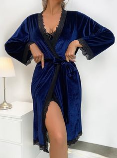 Main fabric composition: polyester fiber (polyester)Color: navy blueSize: S,M,L Blue V-neck Lounging Dress, Blue V-neck Party Sleepwear, Elegant Blue Sleepwear For Lounging, Lingerie Plus Size, Sleeveless Dresses Casual, Black Kimono, Velvet Lace, White Maxi, Sleepwear Robe