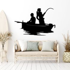 two people in a boat on the water wall decal, with one man holding a fishing rod